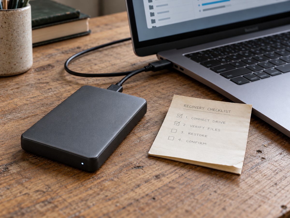 A clean backup drive connected to a laptop beside a recovery checklist
