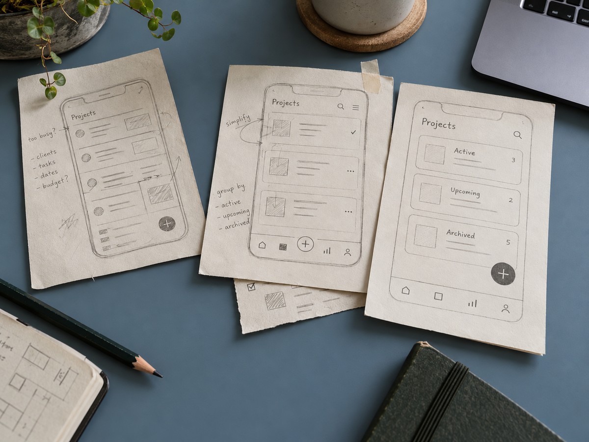 Three rough paper app prototypes on a blue-grey tabletop