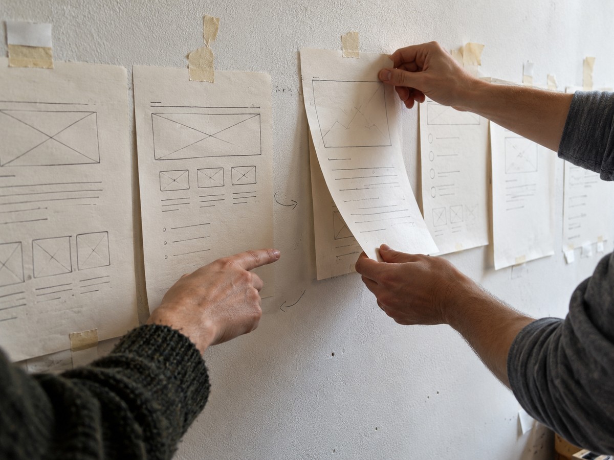 Hands rearranging paper website sections and wireframes on a studio wall